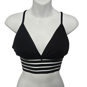 Womens Black Triangle Bralette M Striped Band Soft Stretch Mesh Padded
